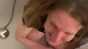 Filthy slut driinks piss while sucking cock, til she can’t swallow any more